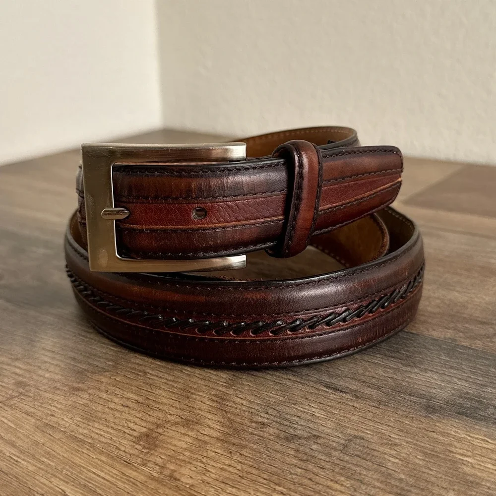 Vintage ENRO Golf Italian Leather Belt Braided Trim Brown Mens Size 44